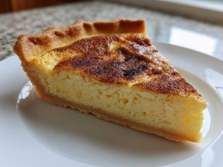 A close-up of a perfect slice of custard pie with a creamy yellow filling and a beautifully browned, slightly spiced top.