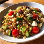 A close-up, vibrant shot of a bowl of delicious farro salad mixed with cherry tomatoes, cucumber chunks, feta cheese, and olives.