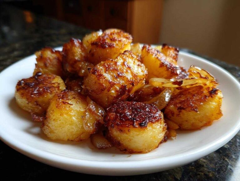 Close-up of golden brown, crispy fried potatoes mixed with soft, caramelized onions served on a white plate.