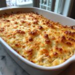 Close-up of a freshly baked hot crab dip in a white casserole dish, featuring a bubbly, golden-brown melted cheese crust.
