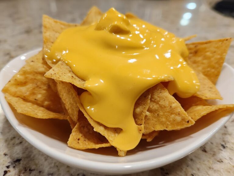 Close-up of crispy tortilla chips generously covered with smooth, bright yellow nacho cheese sauce.