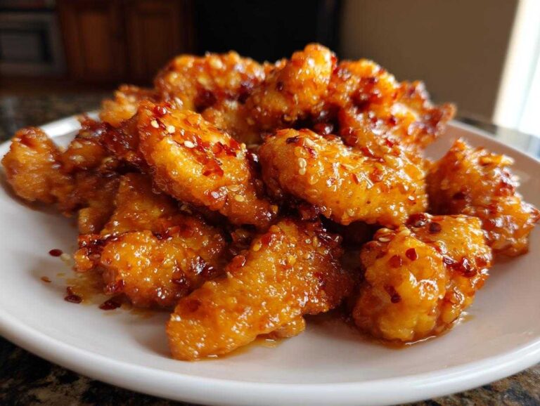 Close-up of crispy, glazed pieces of orange chicken recipe garnished with sesame seeds and chili flakes on a white plate.
