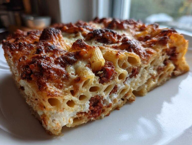 A close-up slice of baked ziti style pasta bake showing layers of creamy filling, meat sauce, and a deeply browned, cheesy crust.