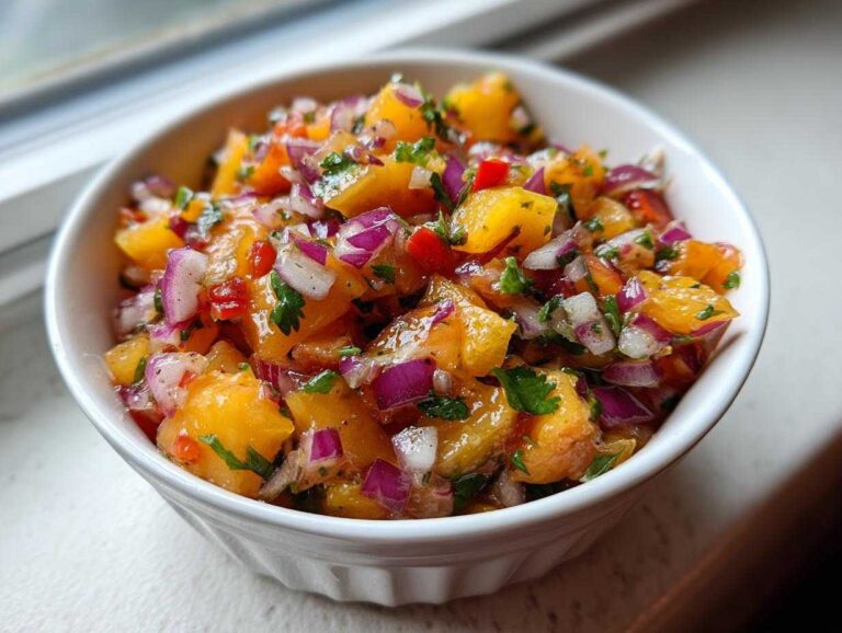 Close-up of vibrant peach salsa featuring diced peaches, red onion, and cilantro in a white bowl.