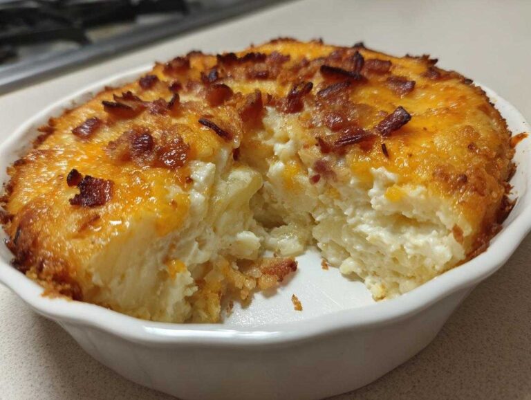 A scoop removed from a baked potato casserole showing creamy layers, topped with melted cheddar and crispy bacon bits.