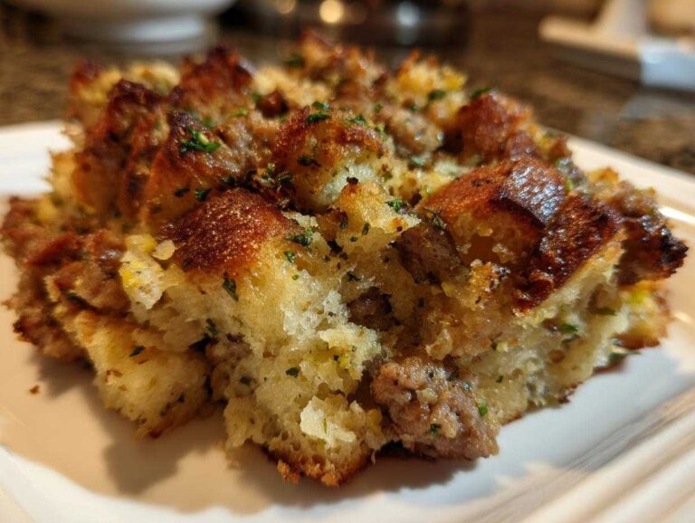 A close-up view of a serving of amazing sausage stuffing, showing toasted bread cubes, crumbled sausage, and green herbs.