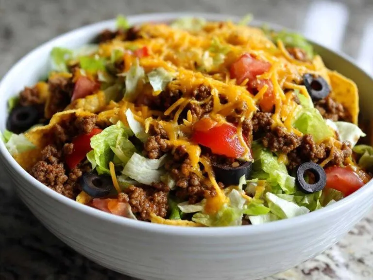 Close-up of a vibrant taco salad featuring seasoned ground beef, shredded lettuce, diced tomatoes, black olives, and melted cheddar cheese.