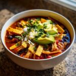Close-up of a delicious tortilla soup recipe bowl topped with avocado, cheese, sour cream, and crispy tortilla strips.