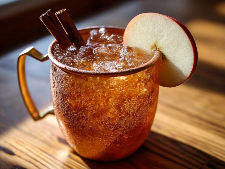 A frosty copper mug filled with an Apple Cider Moscow Mule, garnished with cinnamon sticks and an apple slice.