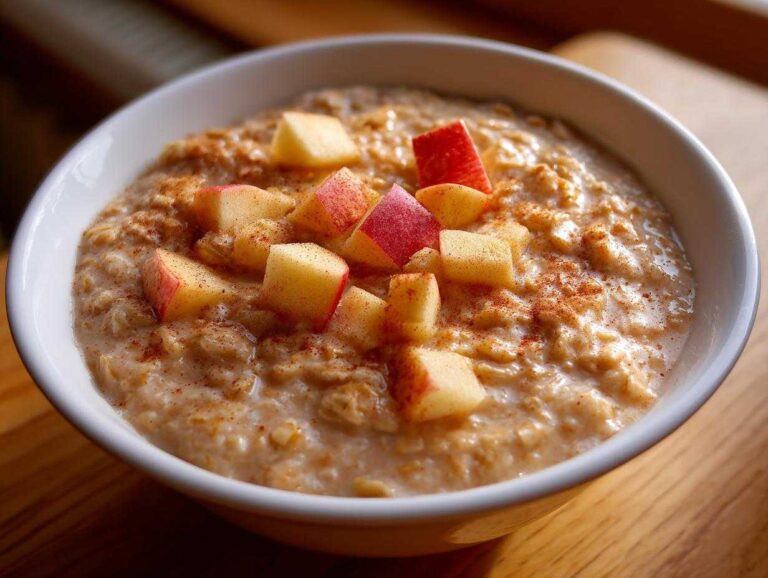 Close-up of a white bowl filled with creamy apple cinnamon oatmeal, topped with fresh diced apples and a sprinkle of cinnamon.