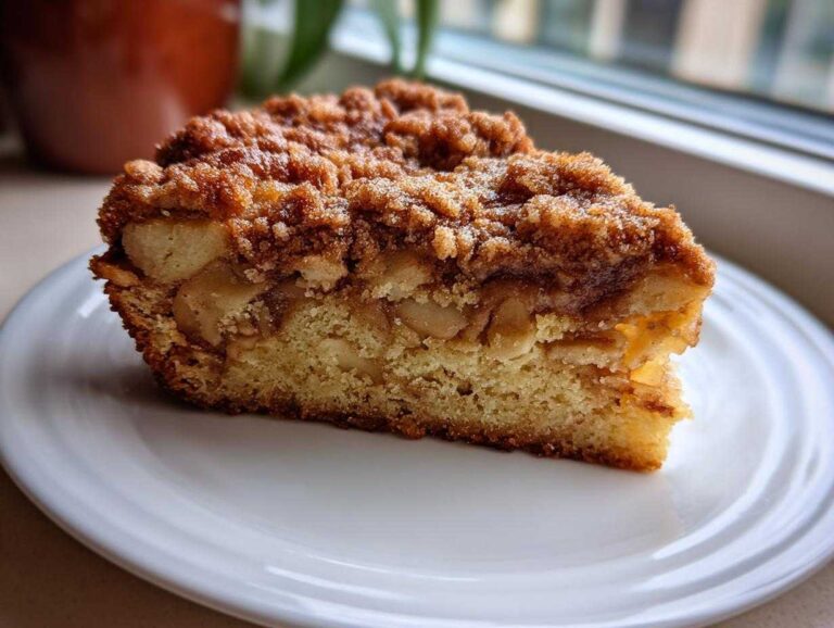 A close-up of a moist slice of apple crumb cake featuring chunks of apple, a tender base, and a thick, sugary cinnamon crumb topping.