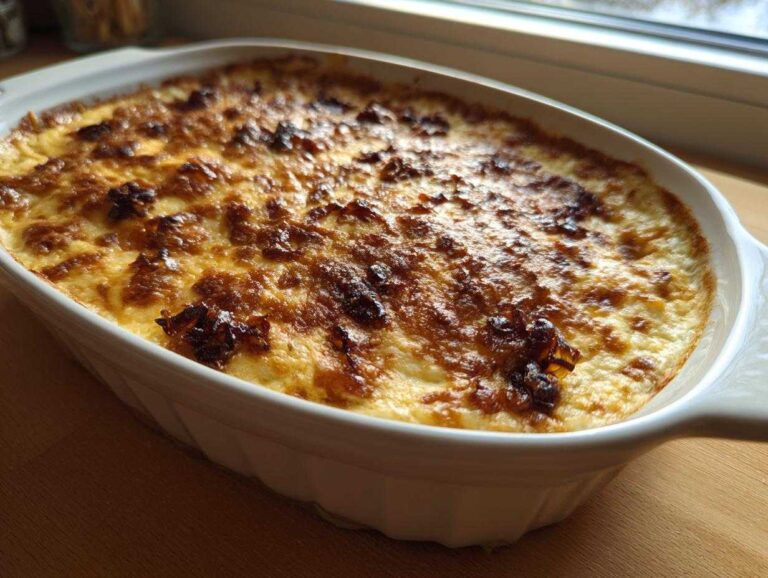 Close-up of hot, baked caramelized onion dip with a golden-brown, bubbly top in a white oval baking dish.