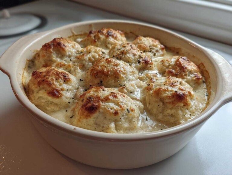 Close-up of baked chicken and dumplings with golden-brown tops in a creamy sauce in a beige casserole dish.