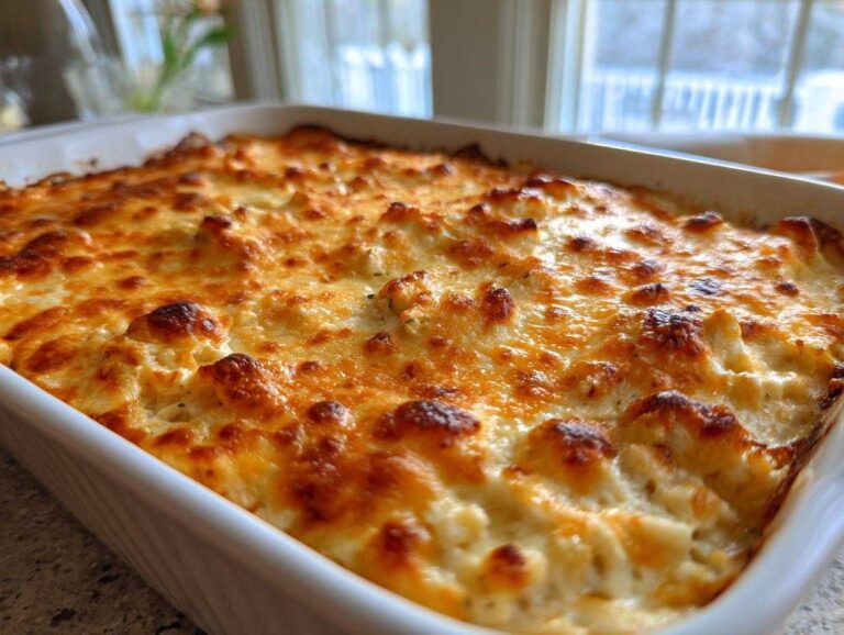 Close-up of a bubbly, golden-brown baked hot crab dip in a white rectangular baking dish.