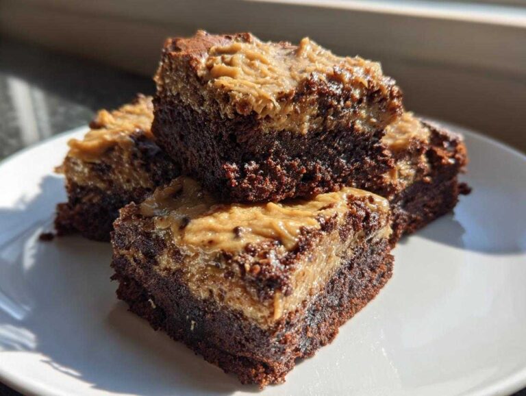 Three stacked squares of rich chocolate banana bread brownies topped with a thick peanut butter swirl frosting.