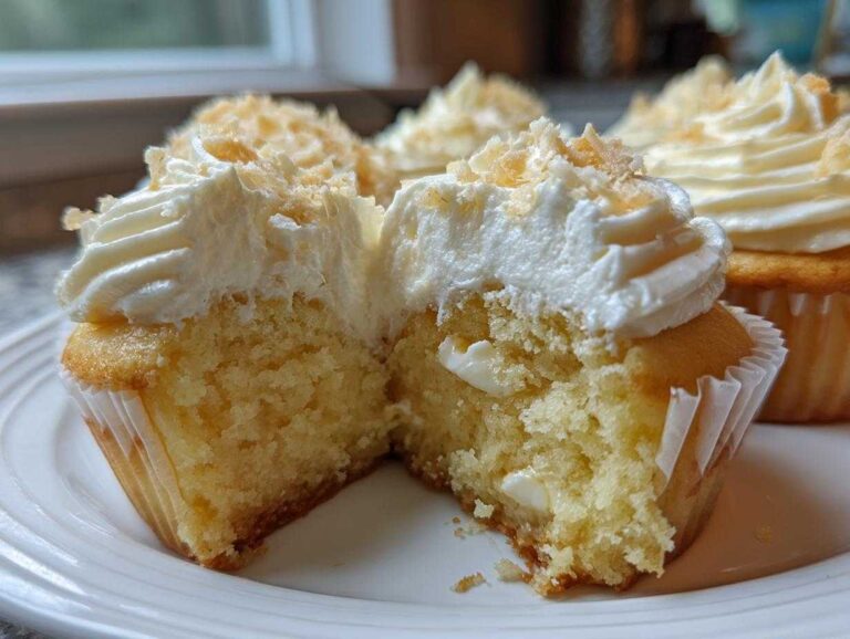 Close-up of a banana pudding cupcakes cut in half showing the moist cake, filling, and whipped topping.