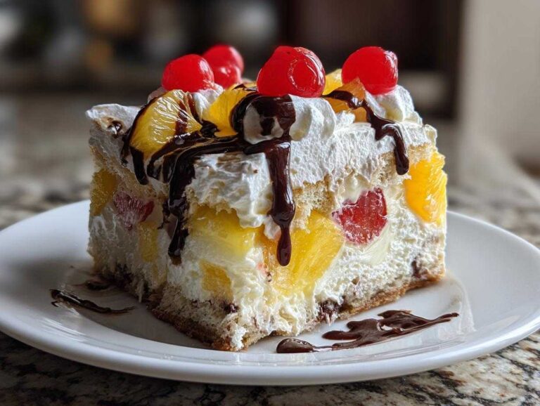 A decadent slice of banana split cake topped with whipped cream, chocolate syrup, pineapple, and maraschino cherries.