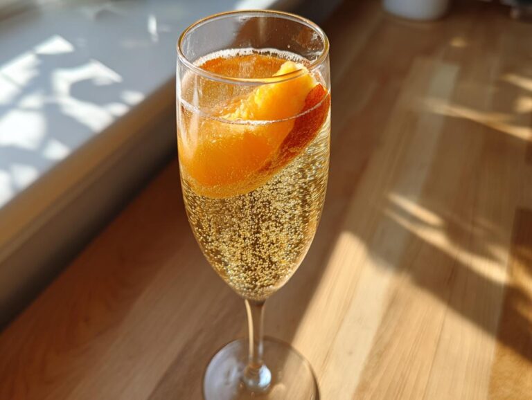A close-up of a sparkling Bellini recipe cocktail in a flute glass, garnished with a slice of peach.