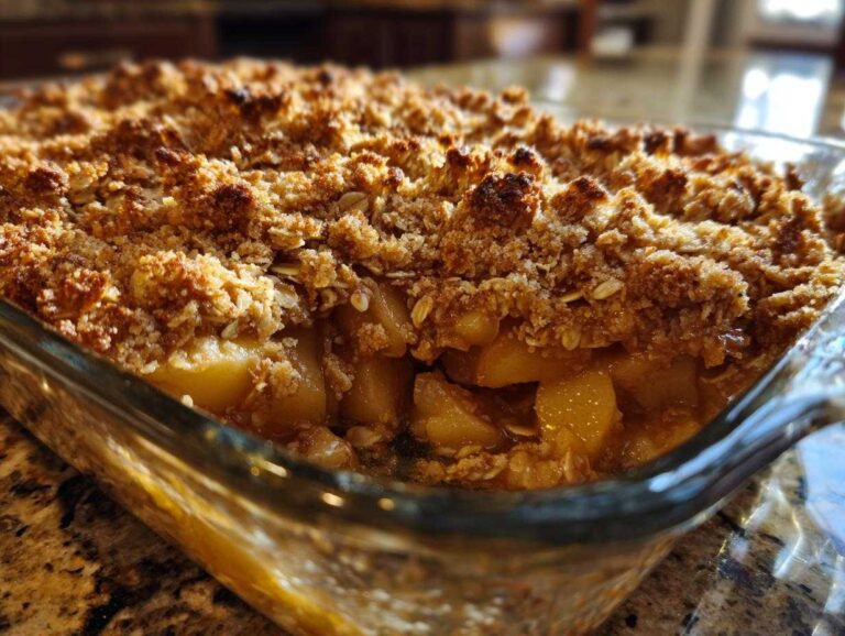 Close-up of a freshly baked apple crisp recipe showing a thick, golden-brown oat topping over bubbling, saucy apple filling in a glass baking dish.