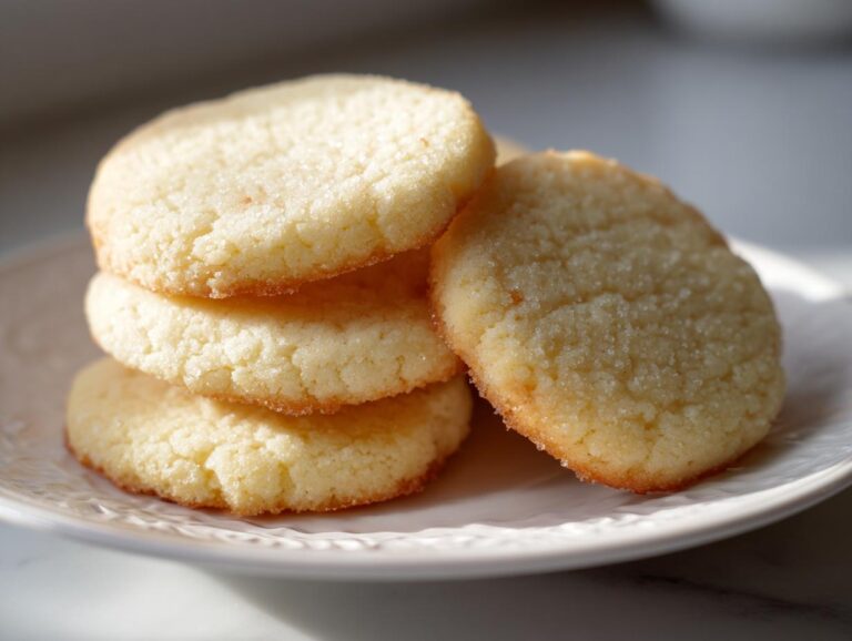 A close-up stack of four golden, lightly sugared sugar cookies resting on a white, textured plate.