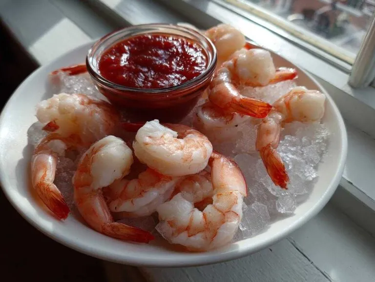 A classic shrimp cocktail presentation featuring chilled, cooked shrimp served on crushed ice with a small bowl of zesty red cocktail sauce.