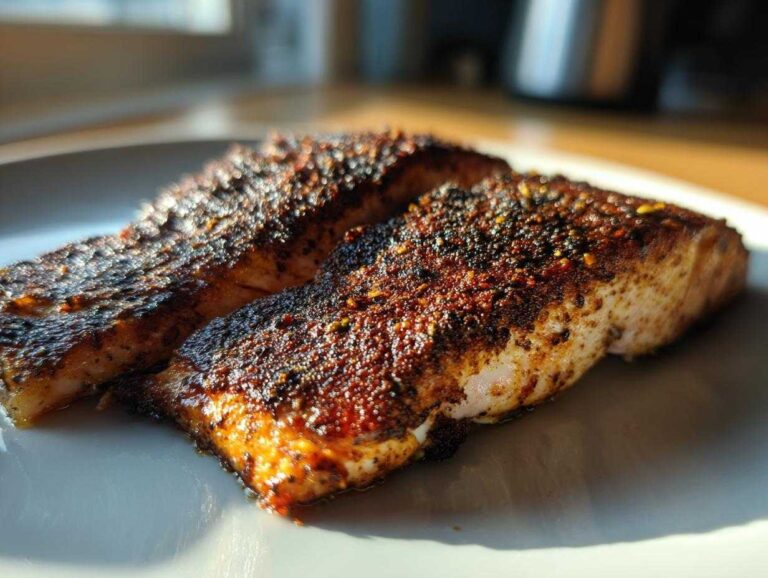 Two perfectly cooked fillets of blackened salmon resting on a white plate, showing a dark, spicy crust.