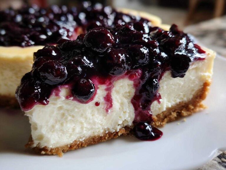 Close-up of a creamy slice of blueberry cheesecake showing the graham cracker crust and rich blueberry topping.