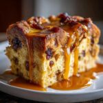 A close-up of a square slice of bread pudding with raisins, smothered in rich bourbon sauce.