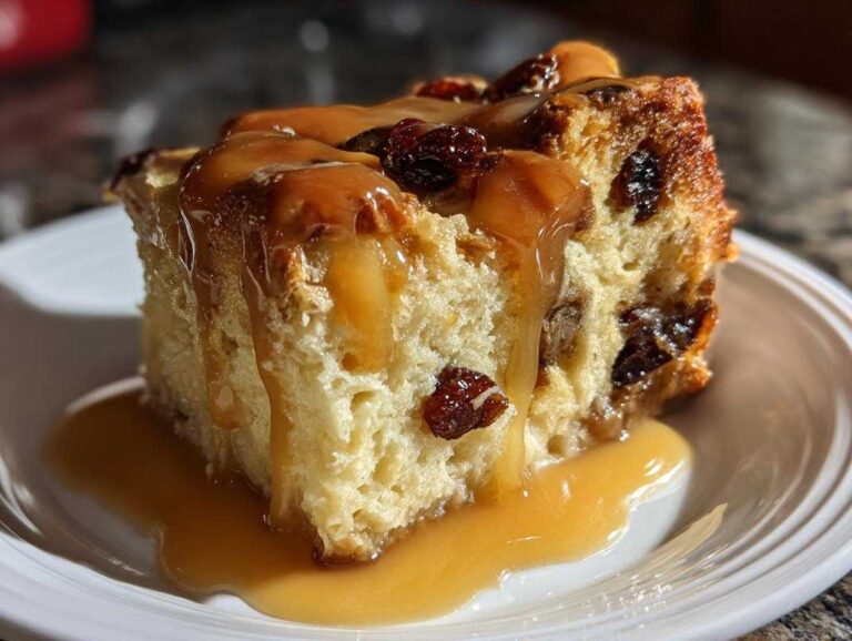 Close-up of a moist slice of bread pudding with raisins, generously drizzled with rich bourbon sauce.