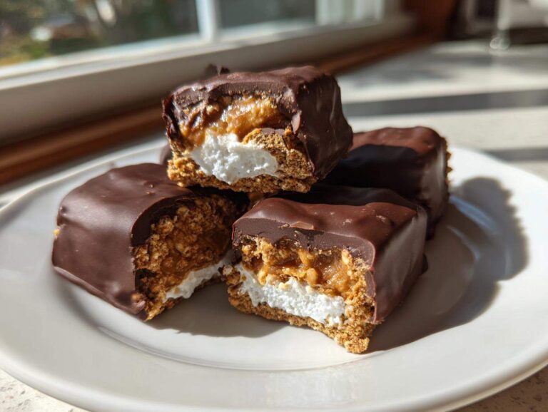 Four homemade buckeye graham crackers bars stacked on a white plate, showing layers of graham cracker, marshmallow, peanut butter filling, and chocolate coating.