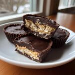 Close-up of buckeye graham crackers cups cut in half showing peanut butter and crushed graham cracker filling.