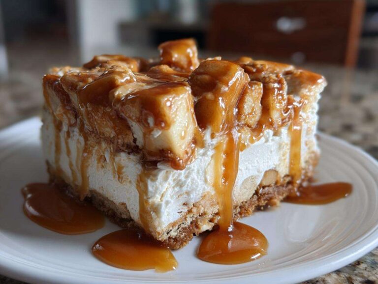 A decadent slice of caramel apple trifle featuring layers of cream, cake/cookies, and topped with caramel-coated apples.