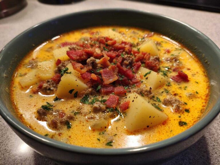 Close-up of a hearty bowl of creamy cheeseburger soup, featuring chunks of potato, ground beef, and topped with crispy bacon bits.
