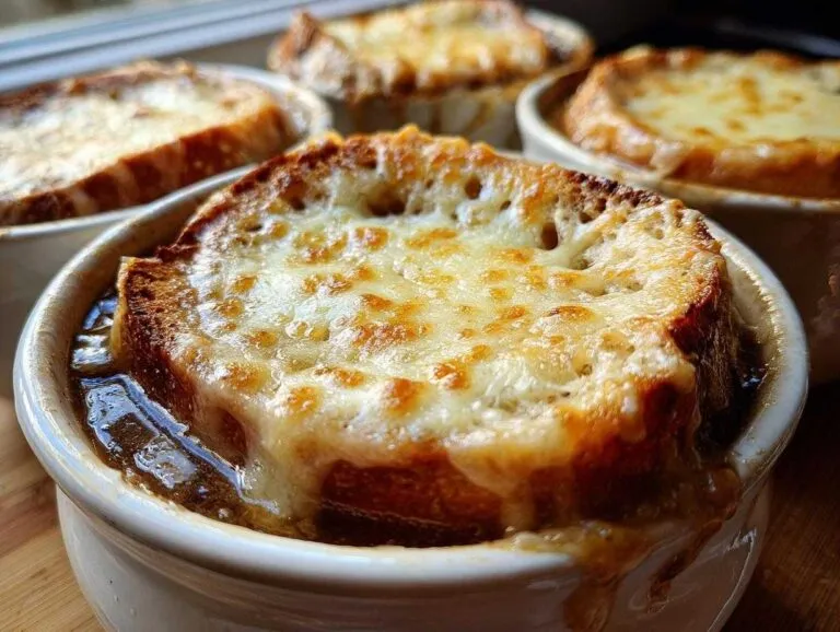 Close-up of a white crock filled with rich french onion soup topped with a thick, melted, and browned cheese crust.