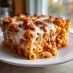 A generous slice of cheesy, saucy pasta bake with melted mozzarella strings dripping down the side.