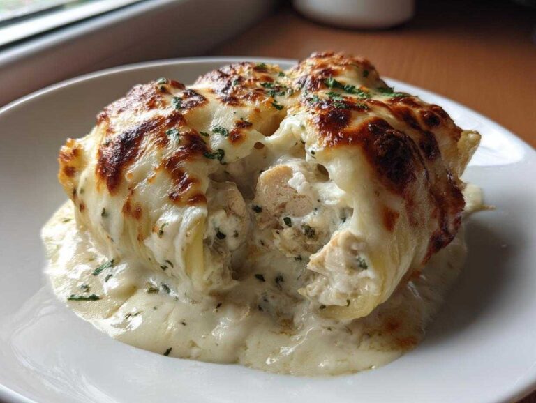 A close-up of baked chicken alfredo stuffed shells, oozing creamy sauce and topped with browned, melted mozzarella cheese.