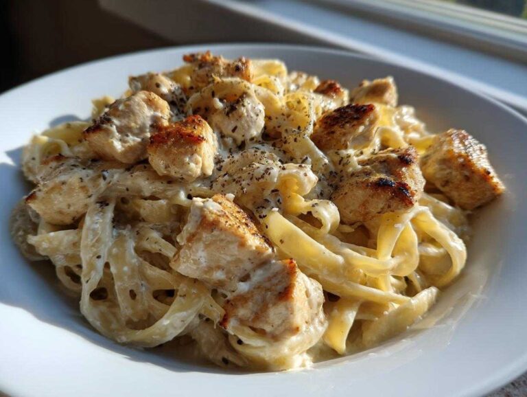 Close-up of a bowl of creamy chicken fettuccine alfredo topped with seasoned, browned chicken pieces.