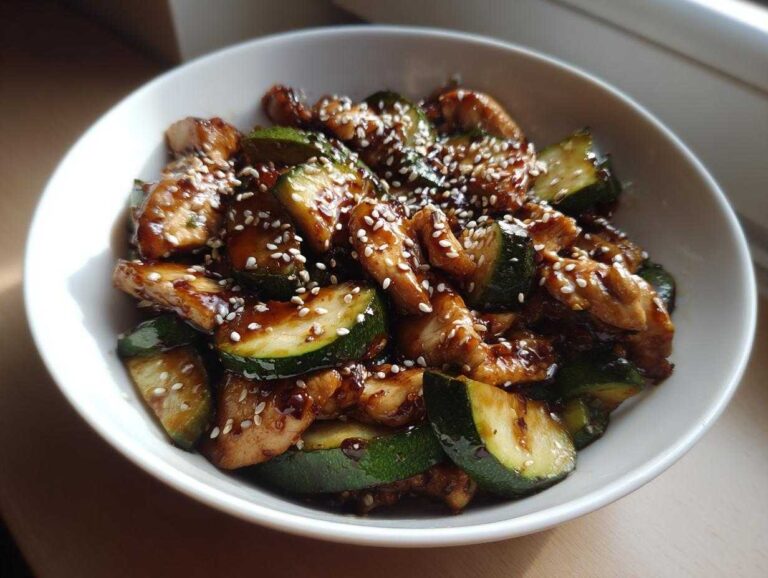 A close-up of a white bowl filled with glossy chicken zucchini stir fry, topped with sesame seeds.