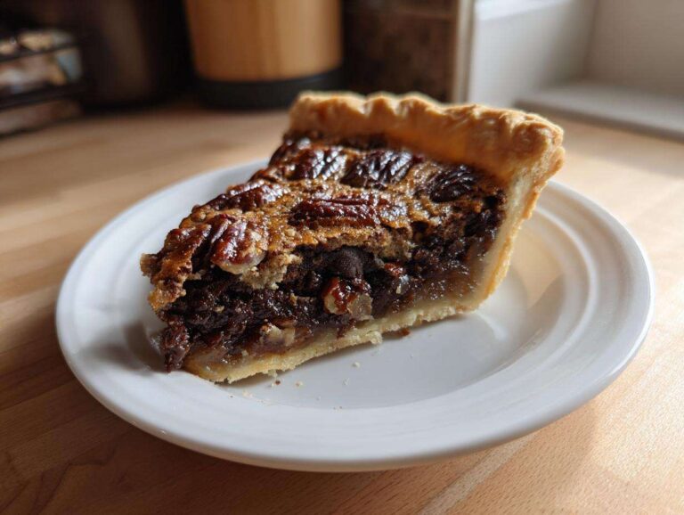 A close-up view of a rich slice of chocolate bourbon pecan pie resting on a small white plate.