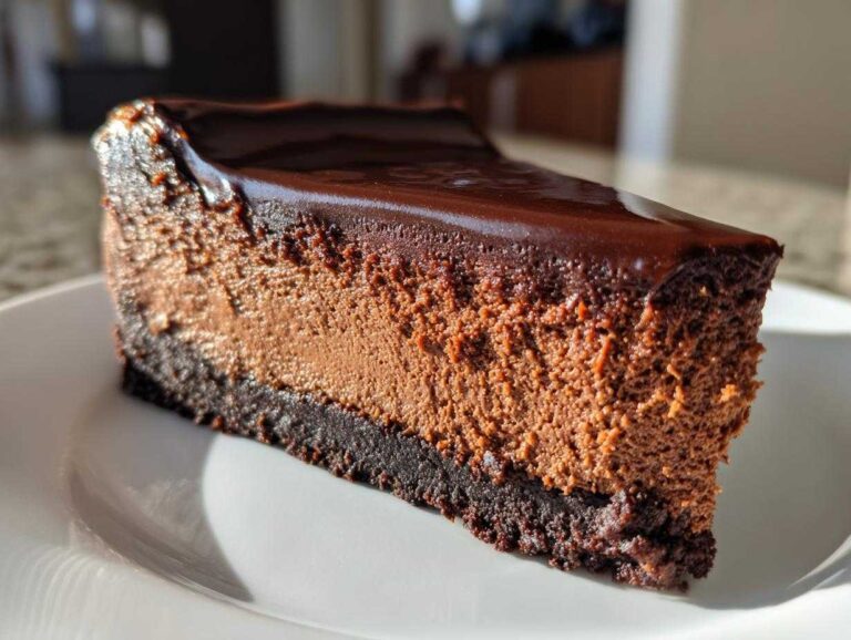 A close-up side view of a decadent slice of chocolate cheesecake with a thick, glossy ganache topping.