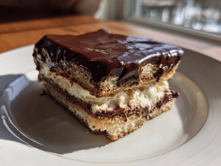 A close-up of a layered slice of chocolate eclair cake featuring creamy filling and glossy chocolate frosting.
