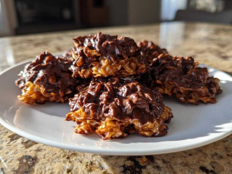 A small stack of rich, chocolate-covered haystack cookies made with oats on a white plate.