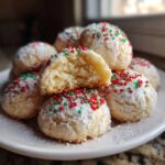 A stack of soft, powdered christmas gooey butter cookies topped with red and green sprinkles, one cookie is broken open.