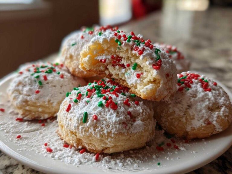 A stack of soft, powdered sugar-dusted christmas gooey butter cookies topped with red and green sprinkles.