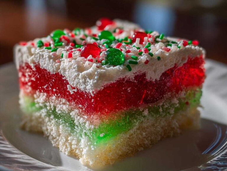 Close-up of a slice of christmas poke cake showing layers of white cake, green jello, red jello, and whipped topping with sprinkles.