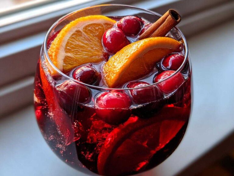 Close-up of a glass filled with vibrant red Christmas sangria, garnished with orange slices, fresh cranberries, and a cinnamon stick.
