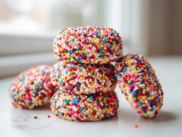 A stack of four vibrant christmas sprinkle cookies completely covered in rainbow nonpareils and jimmies.