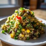 A mound of fresh cilantro lime quinoa salad mixed with black beans, corn, and red peppers on a white plate.