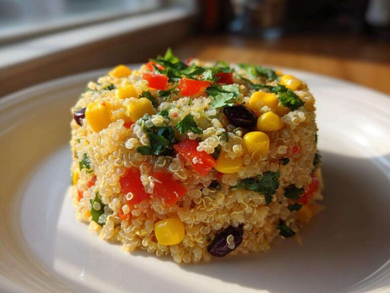A molded serving of bright cilantro lime quinoa salad mixed with corn, red peppers, and black beans.