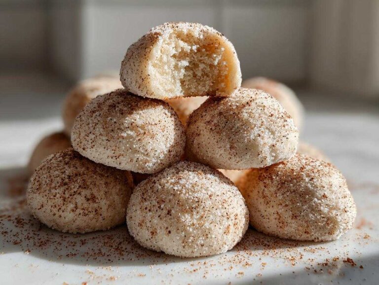 A stack of soft, round cinnamon sugar snowball cookies, one on top showing a soft interior texture.